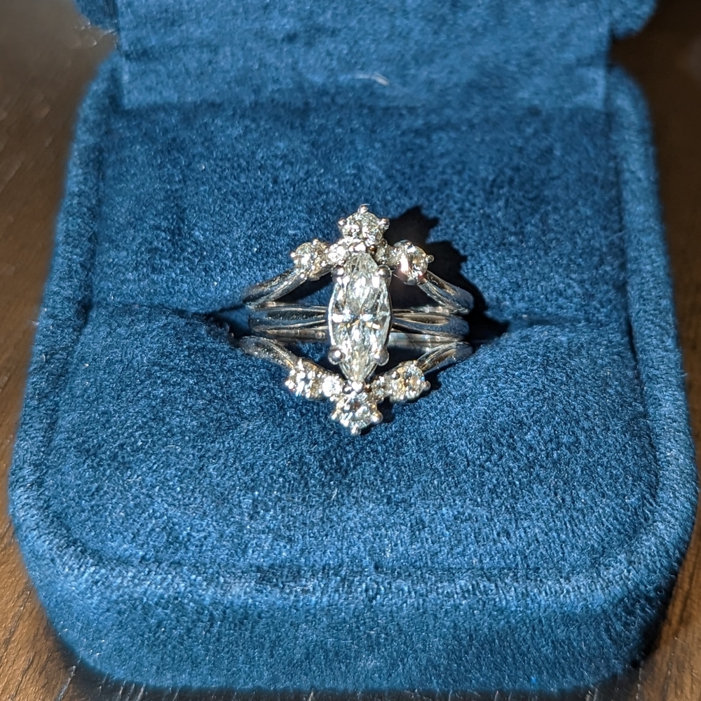 14 karat white gold engagement ring and wedding band